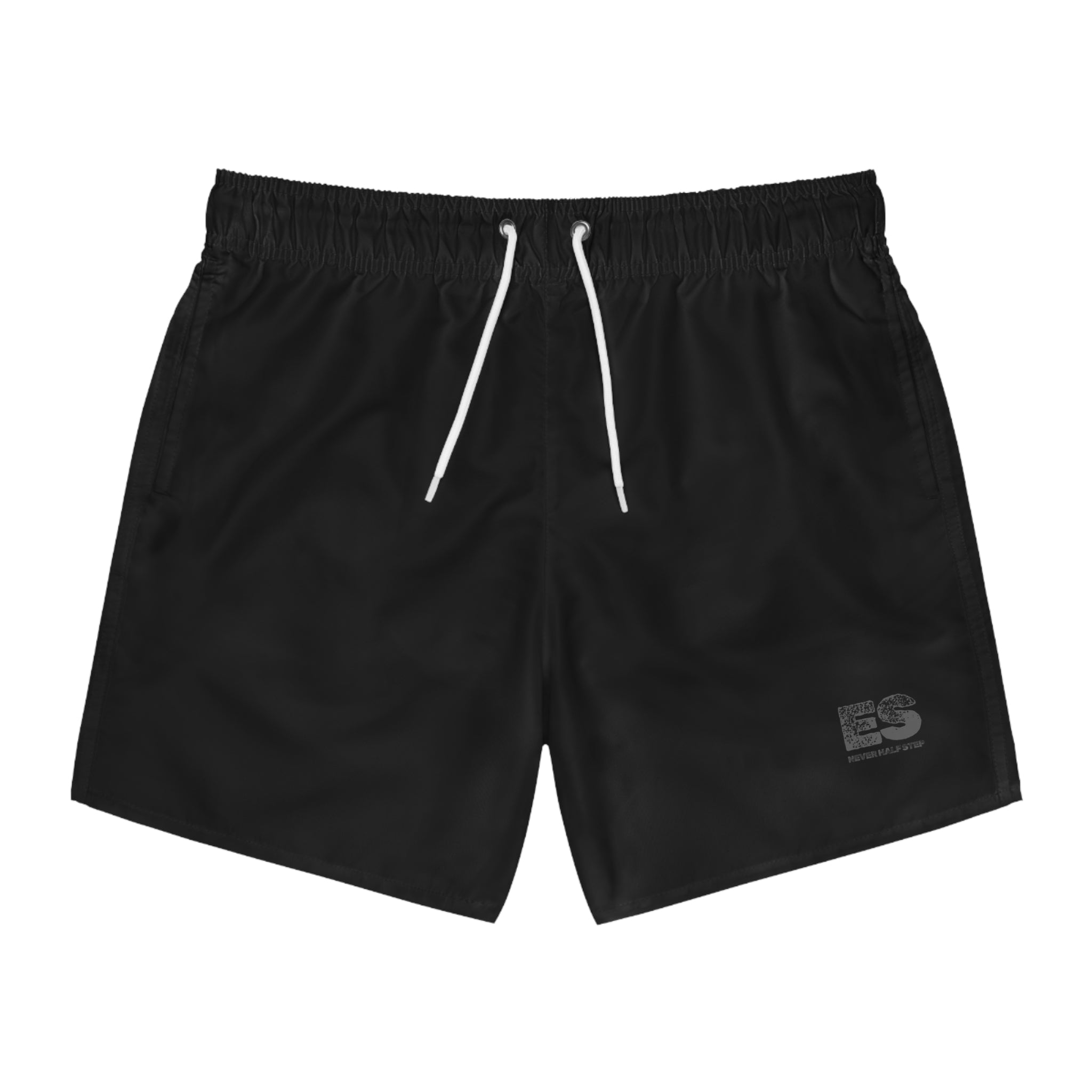 ES 'Never Half Step' Black Swim Trunks | Minimalist Beach Shorts