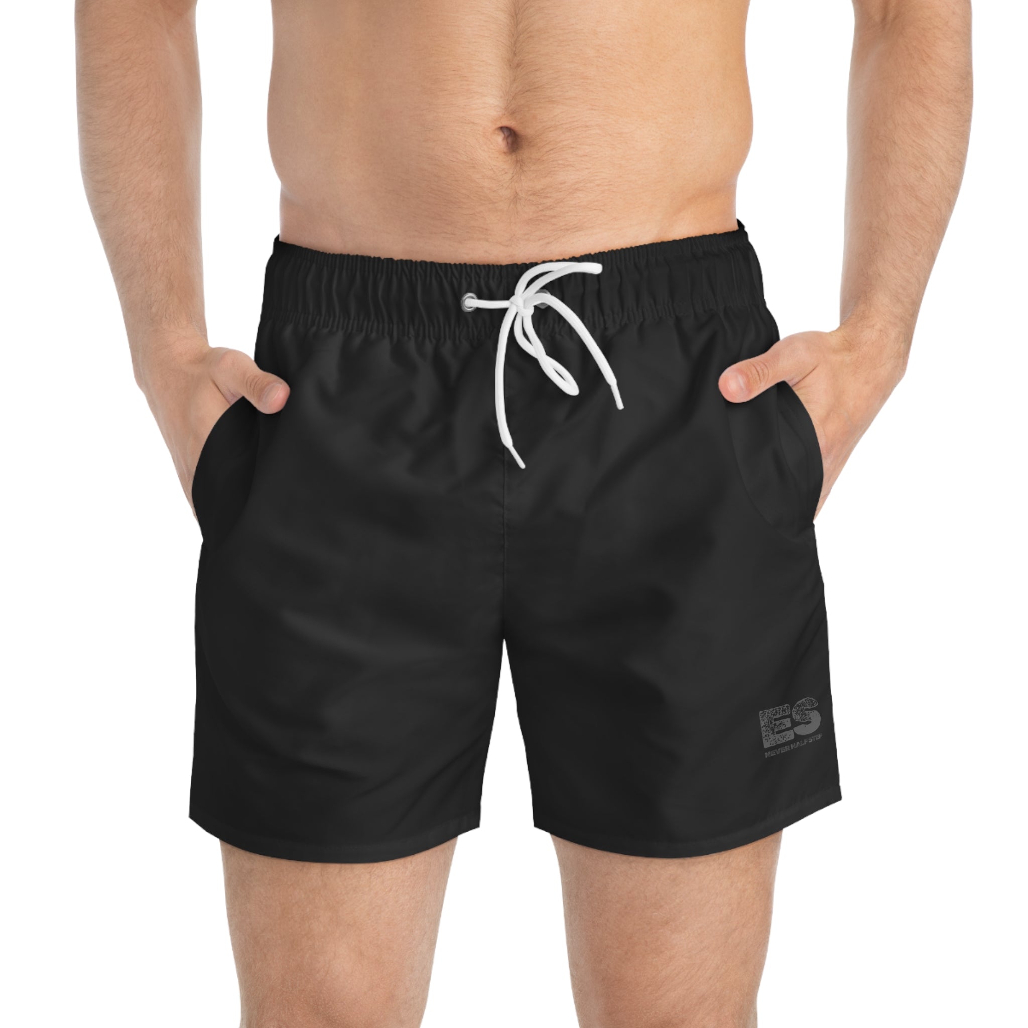 ES 'Never Half Step' Black Swim Trunks | Minimalist Beach Shorts